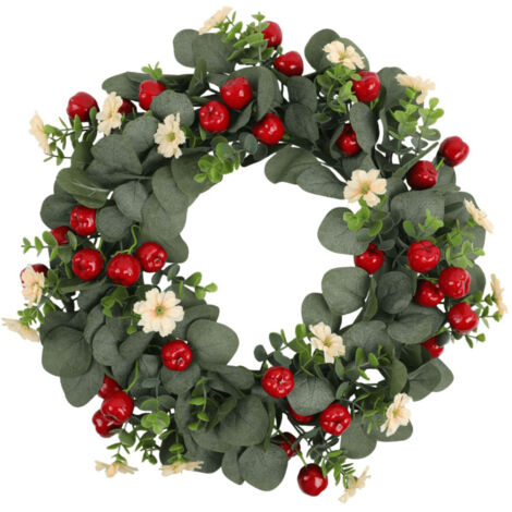Künstlicher Eukalyptuskranz mit Blüten und roten Beeren, umweltfreundlich und dekorativ für Tür, Wand oder Kamin – Durchmesser 43 cm, Champagner/Orange, pflegeleicht