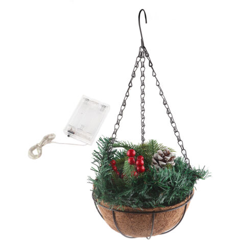 Künstlicher hängender Weihnachtskorb mit gemischter Dekoration und weißen LED-Lichtern für den Außenbereich