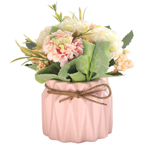 Künstlicher Hortensienstrauß im Topf mit rosa Vase zur Tischdekoration
