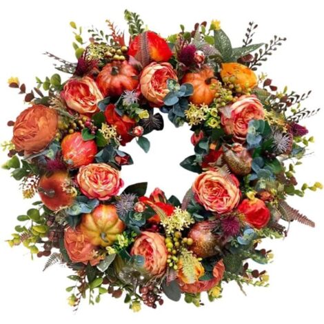 Künstlicher Kürbiskranz, Herbstblumenkranz für drinnen und draußen, runder Kranz für die Haustür, Erntedankkranz