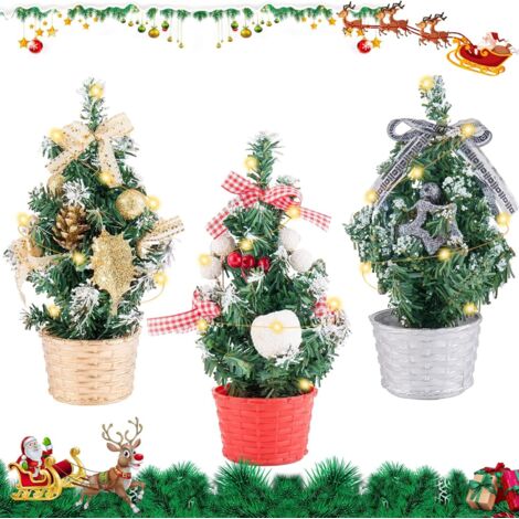 Künstlicher Mini-Weihnachtsbaum, 3 Stück, 20 cm, Mini-Tisch-Weihnachtsbaum mit Lichtern, Weihnachtsbaum mit LED-Lichtern, Mini-Weihnachtsbaumschmuck mit Schleife, Kugelornamenten