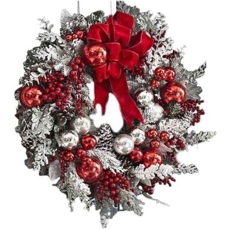 Künstlicher Rattan-Weihnachtskranz, mit Schnee bedeckt, umgedrehter Baum, rote Schleife, Band, arrangierte Szene, glitzernde Kugeln, Weihnachtstürdekoration, hängende Girlande für die Feiertage