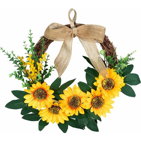 Künstlicher Sonnenblumenkranz, Mini-Kranz, Haustür, Sonnenblumenkranz mit Schleife und grünen Blättern für die Haustür, Hochzeit, Heimdekoration