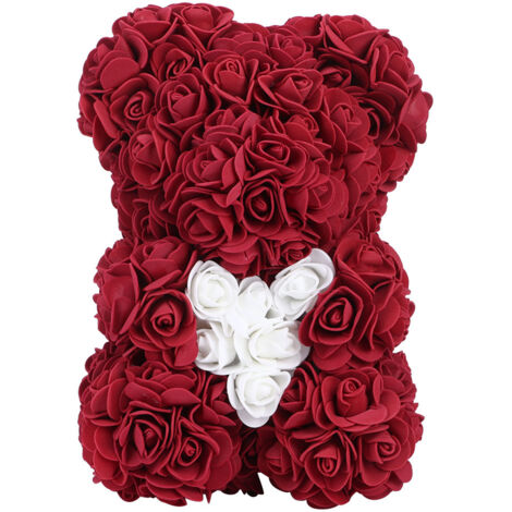 Künstlicher Teddybär mit Herz, künstliche Rose, dekoratives Valentinstagsgeschenk, Dunkelrot
