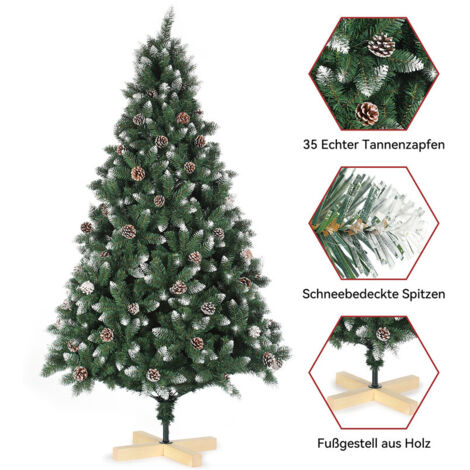 Künstlicher Weihnachtsbaum mit Schnee-Effekt aus PVC – 1400 Zweige & 35 Zapfen, Stabiler Holzständer, Schwer Entflammbar für Festliche Deko-210cm
