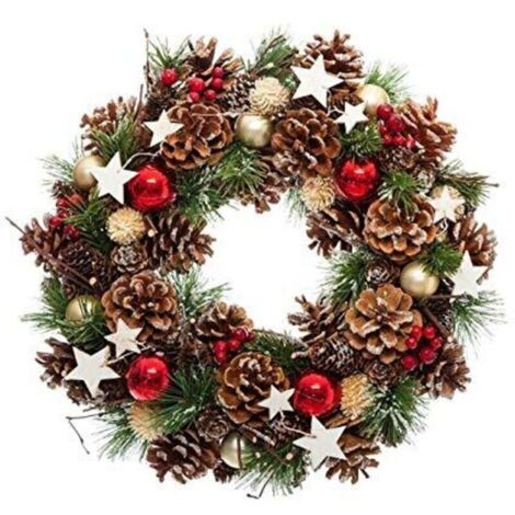 Künstlicher Weihnachtskranz (35 cm) mit Stechpalme, Tannenzapfen und Sternen – Märchenhafte Türdekoration