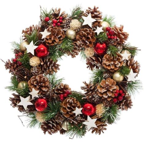 Künstlicher Weihnachtskranz (35 cm) mit Stechpalme, Tannenzapfen und Sternen – Zauberhafte Türdekoration