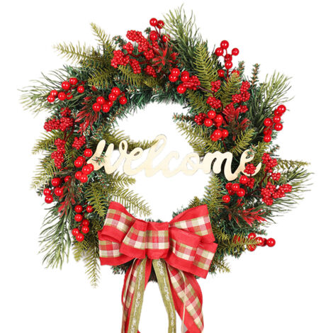 Künstlicher Weihnachtskranz mit roten Beeren und Schleife für Tür oder Wand, festliche Dekoration