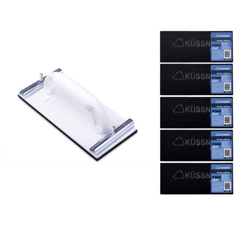 Küssner Levigatore manuale set, 5 pezzi Carta abrasiva: Lunghezza 28cm, Larghezza 11,5cm, Grana 180, Supporto per carta vetrata: Lunghezza 22cm, Larghezza 10,5cm, A0180-900518