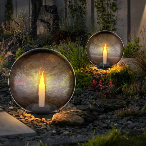 Kugel Solarleuchten für den Garten rund LED Solar Kerze Feuereffekt Gartenleuchten 25 cm für Außen, Kunststoff rauch, 1x LED warmweiß, DxH 25x38,5 cm, 2er Set