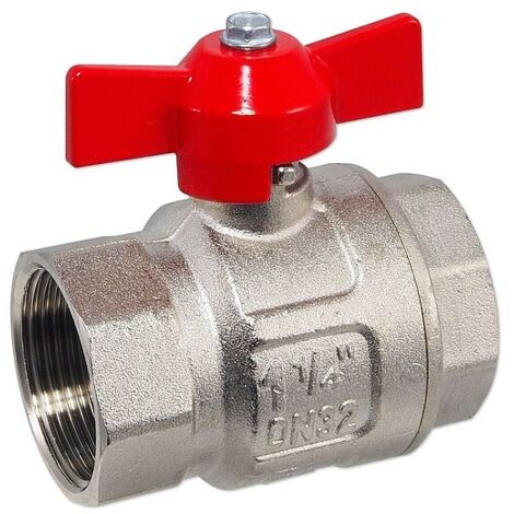Kugelhahn 1 1/4'' IG x 1 1/4'' IG - DN 32 - Messing vernickelt - mit Flügelgriff rot - voller Durchgang