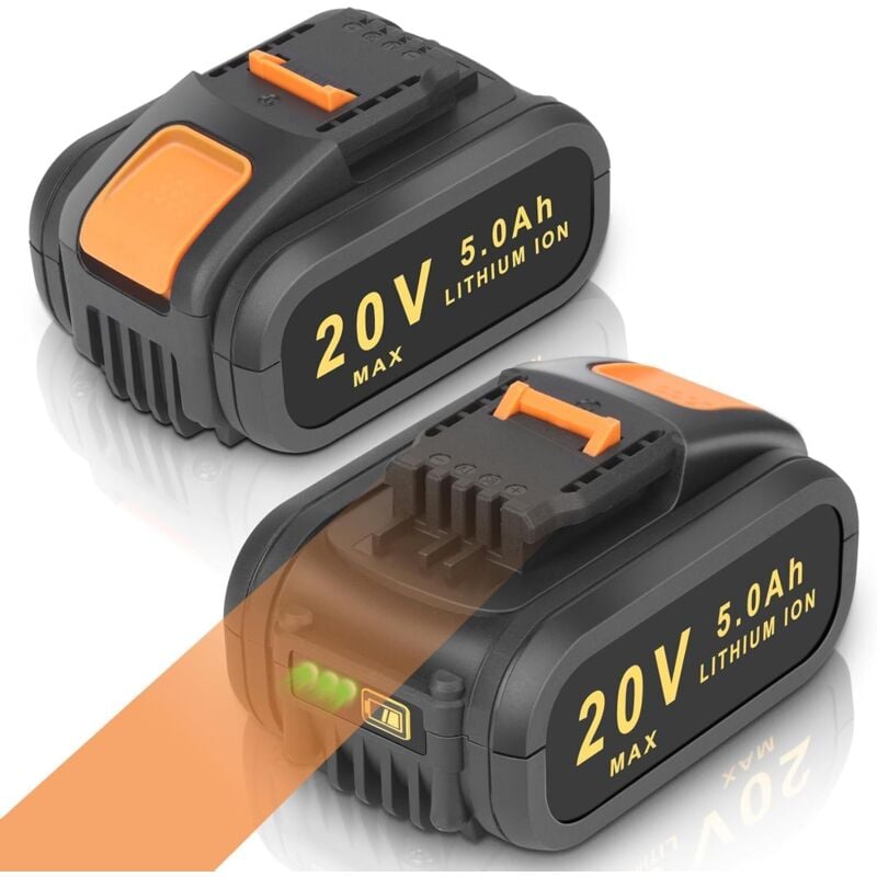 KUNLUN Batteries 2X 20V 5,0Ah pour Worx 20V WA3553 WA3551 WA3556 WA3551.1 WA3644 WA3572 WX390 WX176 WX178 WU268 WX166.4 WX372.1 WX800 WG2551