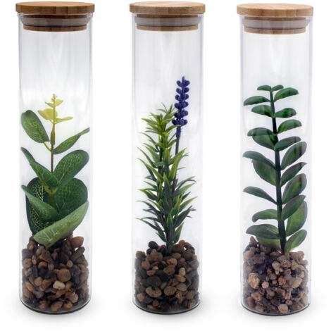 Kunstpflanze in Glasvase ca. 20 cm - 3er Set - Sukkulenten im Glas mit Holzdeckel - Tisch Deko Zimmer Pflanze in Vase Set künstlich
