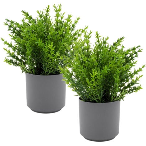 SPETEBO Kunstpflanzen Arragement 22 cm im grauen Topf - 2er Set - Künstliche Grünpflanzen mit Blumentopf