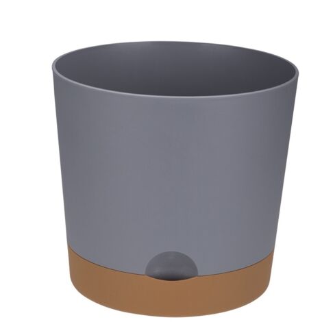 Kunststoff-Blumentopf mit Untersetzer, YUMO DUET-Deckel, 16 cm, mattgraues Material, hellbrauner Untersetzer