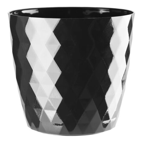 Kunststoff-Blumentopf-Überzug CRISTAL 18 cm schwarz glänzend geometrisches Muster Karo-Rauten glänzend