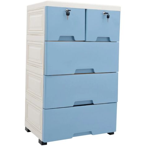 Kunststoff Möbel Schubladenregal 6 Schubladen Kommode Schubladenturm mit 4 Räder（Blau）