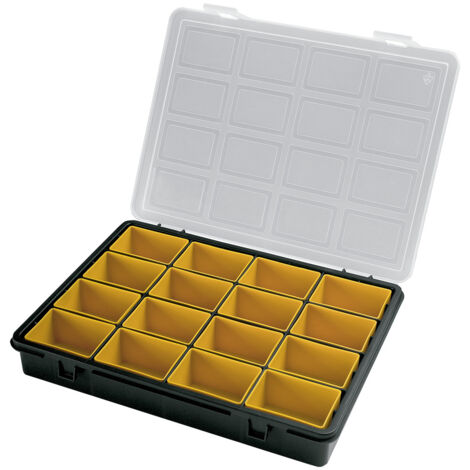 Kunststoff-Organizer mit 16 herausnehmbaren Fächern, 242 x 188 x 37 mm.