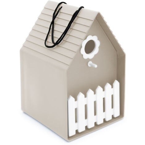 Kunststoff Vogelhäuschen zum Hängen 20 x 15 cm - beige - Vogel Nistkasten mit kleiner Sitzstange - Garten Deko Vogelhaus Futterstation Haus für Meisen und Sperlinge