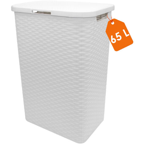 Kunststoff Wäschekorb weiß mit Deckel in Rattan Optik - 65 Liter - Wäschesammler in Flechtoptik mit seitlichen Griffen