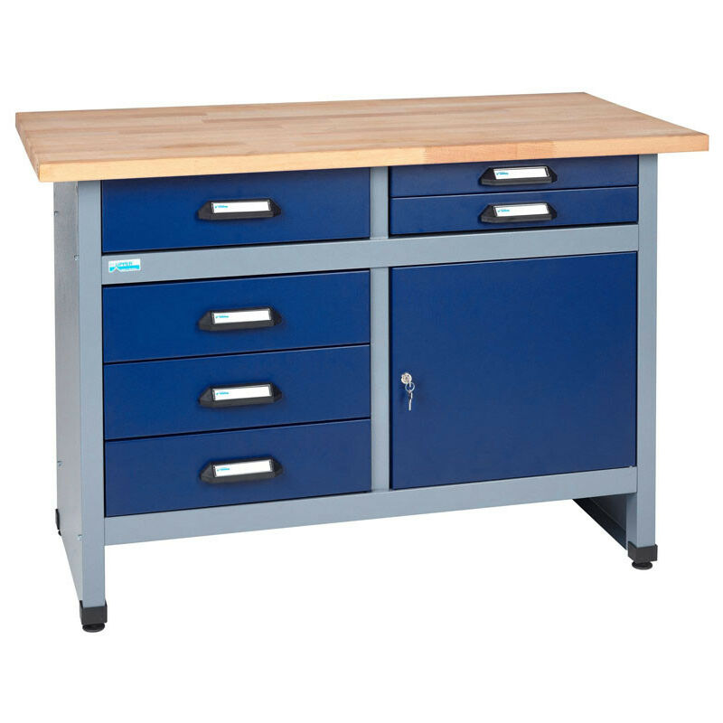 Kupper - tabli Küpper 12247 bleu L120cm, 1 porte 6 tiroirs, plan de travail bois hêtre massif, structure métallique robuste, qualité allemande