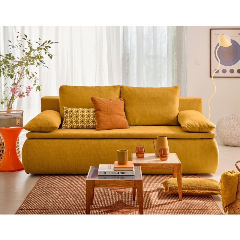 Bestmobilier - Kurt - canapé 3 places convertible avec coffre en velours texturé - jaune