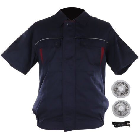 Kurzärmelige USB-Kühljacke mit Lüftern – Klimatisierte Sommerkleidung – Größe XL, Marineblau und Rot