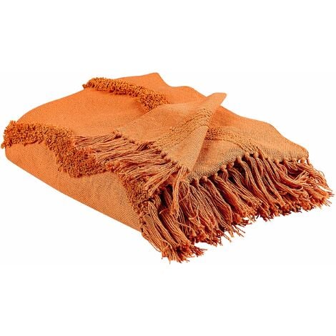 Kuscheldecke Orange Baumwolle 125 x 150 cm Geometrisches Muster Modern mit Fransen Handgewebt Schlafzimmer Wohnzimmer Überwurf Wohndecke