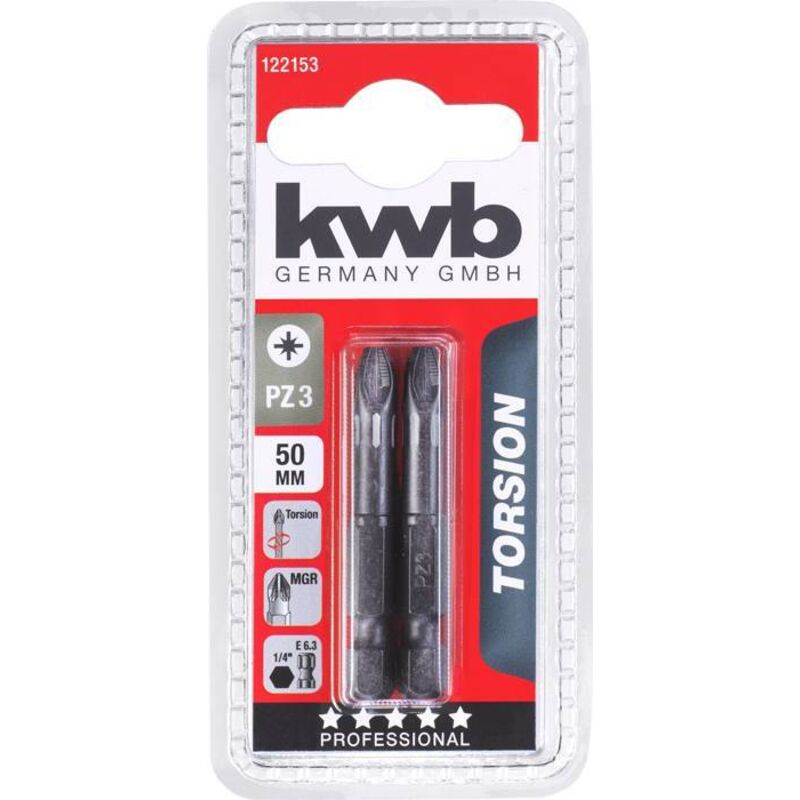 KWB - 2 embouts 50 mm pz 3 de torsion 122153 (tq 60 acier inoxydable, zone de torsion, entraînement iso 1173, C6.3), 0 w 0 v