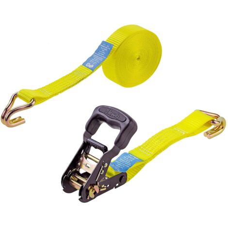kwb 2x Zurrgurte 6 m x 35 mm, aus strapazierfähigem Polyesterband, mit Komfortentriegelung und Prüfschild, kunststoffummantelter Spannratsche, mit 2 Haken, TÜV / GS geprüft