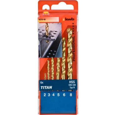kwb 427040 HSS Jeu de forets pour le métal 6 pièces 2 mm, 3 mm, 4 mm, 5 mm, 6 mm, 8 mm M2 DIN 338 tige cylindrique 1 pc
