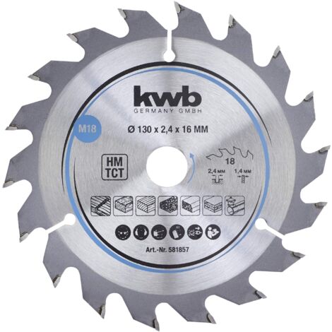 kwb 581857 Lama per seghe circolari per trucioli, legno/legno duro, 130 x 16 mm, tagli puliti, numero medio, 18 denti Z-18, lama per seghe CleanCut media, 130 x 16