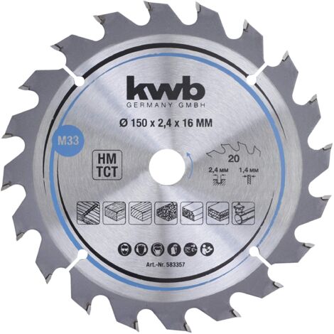 kwb 583357 Lama per seghe circolari per trucioli, legno/legno duro, 150 x 16 mm, tagli puliti, numero medio, 20 denti Z-20, lama per seghe CleanCut medium, 150 x 16
