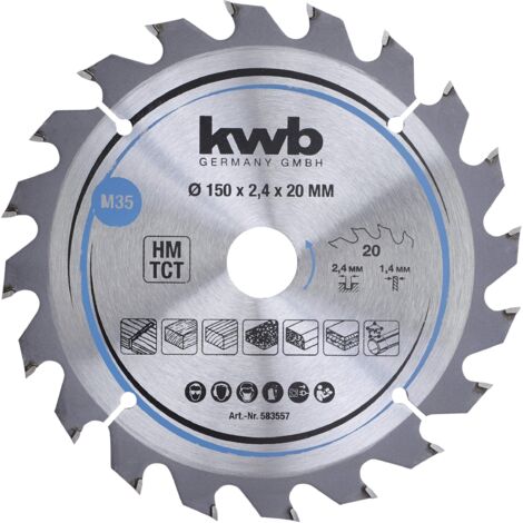 kwb 583557 Lama per seghe circolari per trucioli, legno/legno duro, 150 x 20 mm, tagli puliti, numero medio, 20 denti Z-20, lama per seghe CleanCut media, 150 x 20