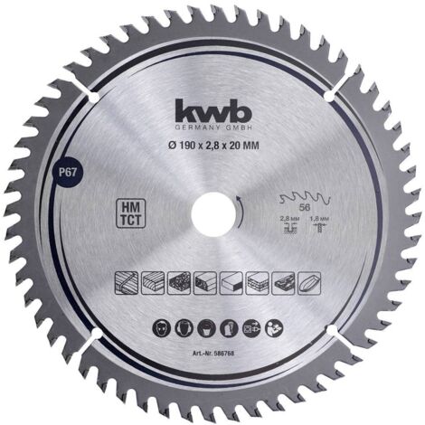 KWB 586768 LAME DE SCIE CIRCULAIRE DE TABLE EN BOIS DUR ET BOIS DUR DE PRÉCISION 190 X 20 MM COUPES FINES ET CHIFFRES, 56 DENTS