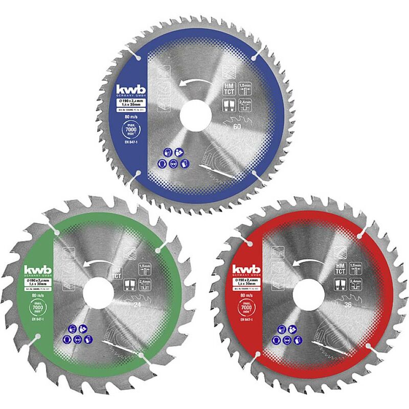Image of Set di lame per seghe circolari KWB 190 x 30/20 / 16 mm per seghe circolari manuali, per pannelli e materiali da costruzione in legno incl. anelli di
