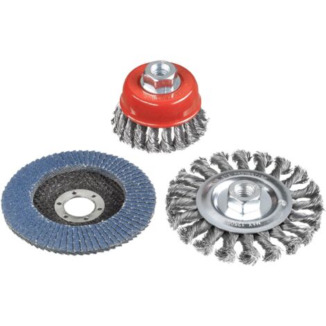 kwb 597510 Set di spazzole metalliche per smerigliatrice angolare con attacco M14 incl. mola da 115 mm K-80 per lavori di pulizia e molatura, (3 pezzi)