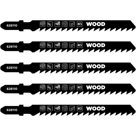 kwb 5x Stichsägeblätter für Holz, extra grob, 100 mm (geeignet für Hartholz, Weichholz, Tischlerplatten, Kunststoffe, Spanplatte beschichtet, HCS-Kohlenstoffstahl, gehärtete Zähne, polierte Oberfläche
