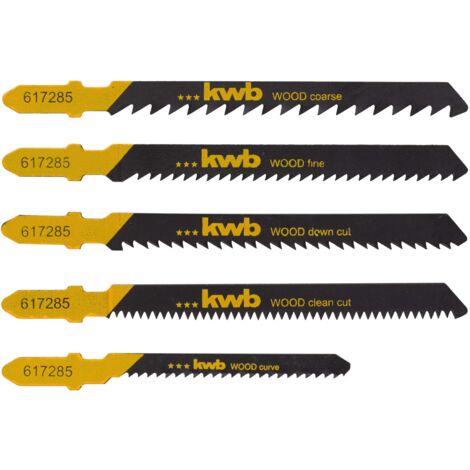 kwb 617285 Set di 5 pezzi di lame per seghetto alternativo per legno per tagli grossolani, fini e puliti incl. lama per piano di lavoro curvo (down-cut) con codolo a T S-20 / codolo a una camma