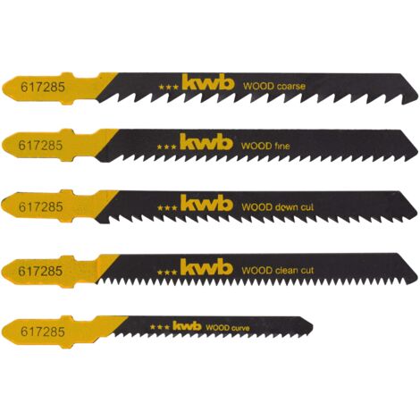 kwb 617285 Set di 5 pezzi di lame per seghetto alternativo per legno per tagli grossolani, fini e puliti incl. lama per piano di lavoro curvo (down-cut) con codolo a T S-20 / codolo a una camma