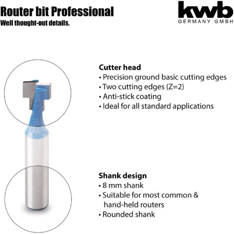 kwb 7555-20 HM T-Groove Cutter Professional (per legno, Ø 4 / 9,5 mm, albero da 8 mm, taglio a terra di precisione all'avanguardia, adatto per tutte le usuali fresatura a mano), blu / grigio