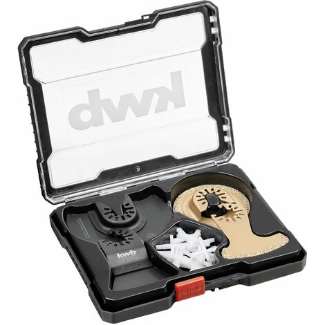 kwb Accessori multiutensile in set da 22 pezzi, lama da sega Ø 87 mm, a forma di dito, raschietto per stucco HM sabbiato semicircolare, raschietto duro, larghezza 52 mm incl. croce per piastrelle