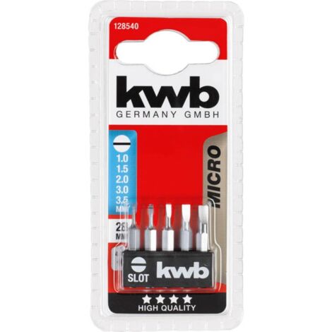 KWB Bit-Set 28-mm slot 1.0, 1.5, 2.0, 3.5 mm Micro-Bit per meccanica fine (gambo 4-mm, acciaio Tq 60, con striscia di tenuta, per supporto micro-bit)