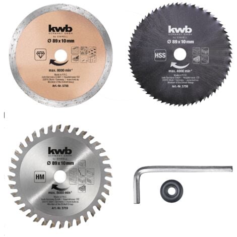 Kwb by Einhell Kit de 3 lames pour scies circulaires portatives (Ø 89 mm, lames HSS, carbures de tungstène et diamant, pour scies circulaires miniatures TC-CS 860/1 et TC-CS 860)
