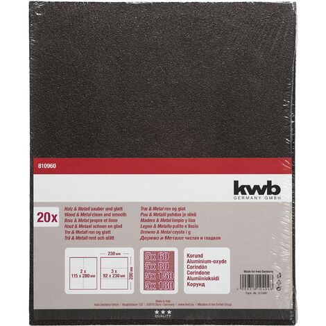 kwb Corindone Kit Carta Abrasiva - Per Legno e Pittura, K 60K 80K 150K 180 230mm x 280mm (20PZ)