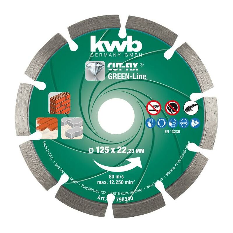 Image of KWB - disco da taglio diamantato green line 125x22 mm per smerigliatrice multiuso per mattoni piastrelle cemento