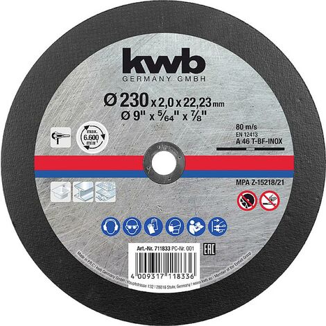 KWB DISQUE À TRONÇONNER EN MÉTAL 230 X 1,9 MM - ÉPAISSEUR : 22,23 MM - POUR MEULEUSE D'ANGLE - CONVIENT POUR L'ACIER INOXYDABLE