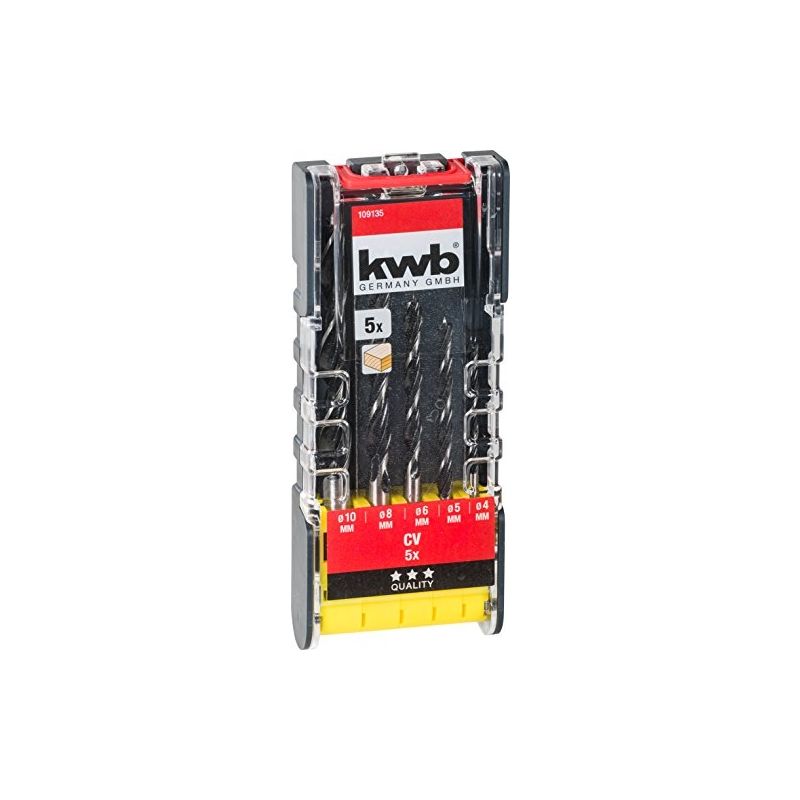 KWB - power kit de forets à bois boîte ø 4, 5, 6, 8, 10 mm (5 pièces, acier cv, pointe de centrage, de 2 chanfreins spirale), 1 pi