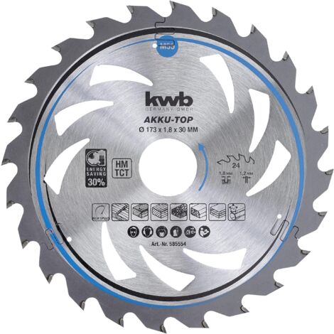 kwb Kreissägeblatt 173 x 30 mm, leichtgängig, speziell für Akkumaschinen, Sägeblatt geeignet für Weich- und Hartholz, Tischlerplatten und Spanplatten