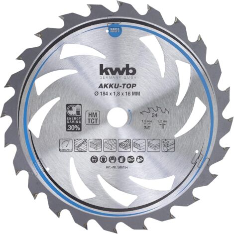 kwb Kreissägeblatt 184 x 16 mm, leichtgängig, speziell für Akkumaschinen, Sägeblatt geeignet für Weich- und Hartholz, Tischlerplatten und Spanplatten